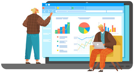 Businessman makes a presentation of a statistical report doing digital analysis charts. Planning business concept. Teamwork consulting for project management, financial reporting and strategy