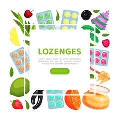 Lozenges web banner. Advertising, packaging design. Sore throat treatment landing page vector illustration