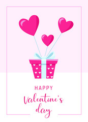 Fototapeta na wymiar Happy Valentine's day card. Gift box with a bow and heart shaped balloons. Vector illustration. 
