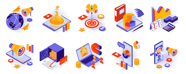 Business and marketing concept isometric 3d icons set. Global promotion, sales funnel and profit growth, data analytics, banking, online advertising isometry isolated collection. Vector illustration