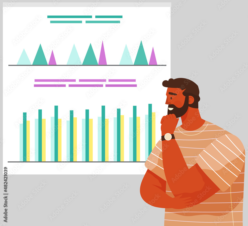 Poster man studies business finance on presentation board, bar chart graphic report web infographic. busine