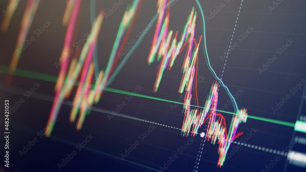 Aufkleber trader analyzes candlestick chart of movement of cryptocurrency on screen pc. online viewing of cryp