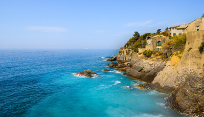 Holidays in Italy. Sea coast of Liguria near Genoa. - 482421019