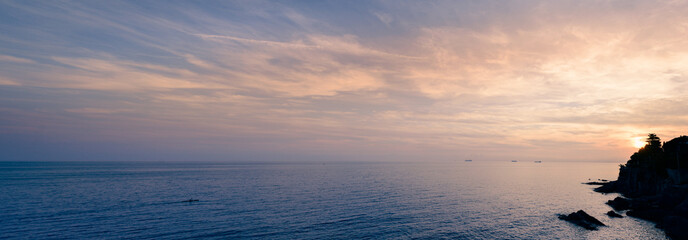 Coast of Liguria. Mediterranean Sea at sunset, Italy. Sea panorama extra wide - 482421020