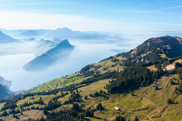 Lake Lucerne. Mountain peaks of the Alps. Switzerland. Mount Rigi. Aerial panorama. - 482421025