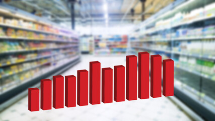 Growing business red graph chart 3d illustration on blurred aisle supermarket background. Price...