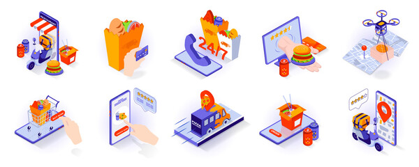 Food delivery concept isometric 3d icons set. Ordering lunch in mobile app, online payment, drone flies or courier carries package, tracking parcel, isometry isolated collection. Vector illustration