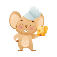 Cute little mouse chef with cheese. Adorable funny baby animal character cartoon vector illustration