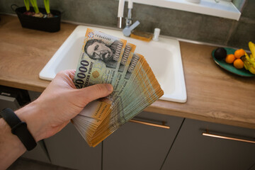 Stack of Hungarian banknotes money (forints). Europe Hungary