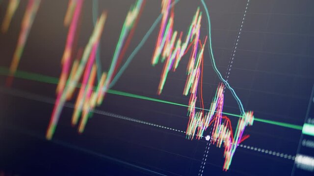 Trader Analyzes Candlestick Chart of Movement of Cryptocurrency on Screen PC. Online viewing of cryptocurrency quotes btc, eth chart in the application. Dynamics, statistics, stock exchange data.