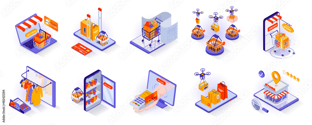 Poster online shopping concept isometric 3d icons set. ordering goods using mobile application or computer,
