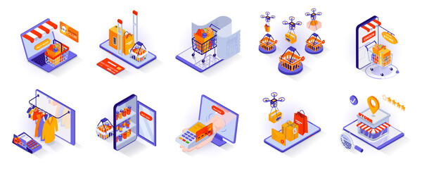 Online shopping concept isometric 3d icons set. Ordering goods using mobile application or computer, making purchases, payment and home delivery, isometry isolated collection. Vector illustration