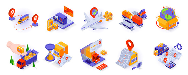 Transportation and logistics concept isometric 3d icons set. Cargo delivery, air freight, global shipping, parcel storage, tracking, company rating, isometry isolated collection. Vector illustration