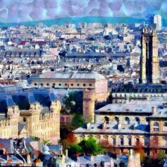 Fototapeta premium Beautiful places in Paris. Colourful views of Paris. Famous outdoor touristic scenes Paris. Large size painting. Hand drawn artwork with oil brush strokes and canvas texture. Card, background, cover. 