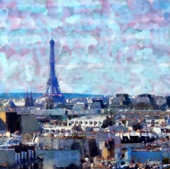 Beautiful places in Paris. Colourful views of Paris. Famous outdoor touristic scenes Paris. Large size painting. Hand drawn artwork with oil brush strokes and canvas texture. Card, background, cover. 