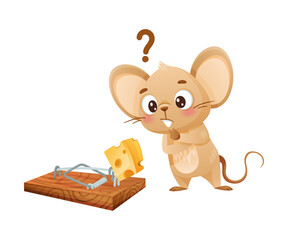 Cute little mouse trying to get cheese out of moustrap. Adorable funny baby animal character cartoon vector illustration