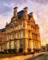 Fototapeta premium Beautiful places in Paris. Colourful views of Paris. Famous outdoor touristic scenes Paris. Large size painting. Hand drawn artwork with oil brush strokes and canvas texture. Card, background, cover. 