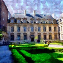 Beautiful places in Paris. Colourful views of Paris. Famous outdoor touristic scenes Paris. Large size painting. Hand drawn artwork with oil brush strokes and canvas texture. Card, background, cover. 