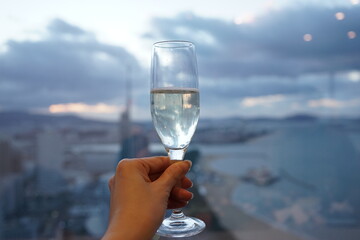 Dinner Party with Drinking of Champagne, Hand Holding Clear Glass with Alcohol with Cityscape Background - パーティ シャンパングラス 乾杯 女性の手 