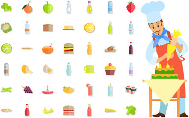 Pastry chef making cream cake. Smiling man in apron preparing dessert food, products icons. Confectioner whips ingredients for dish. Chef works with kitchen equipment to prepare food