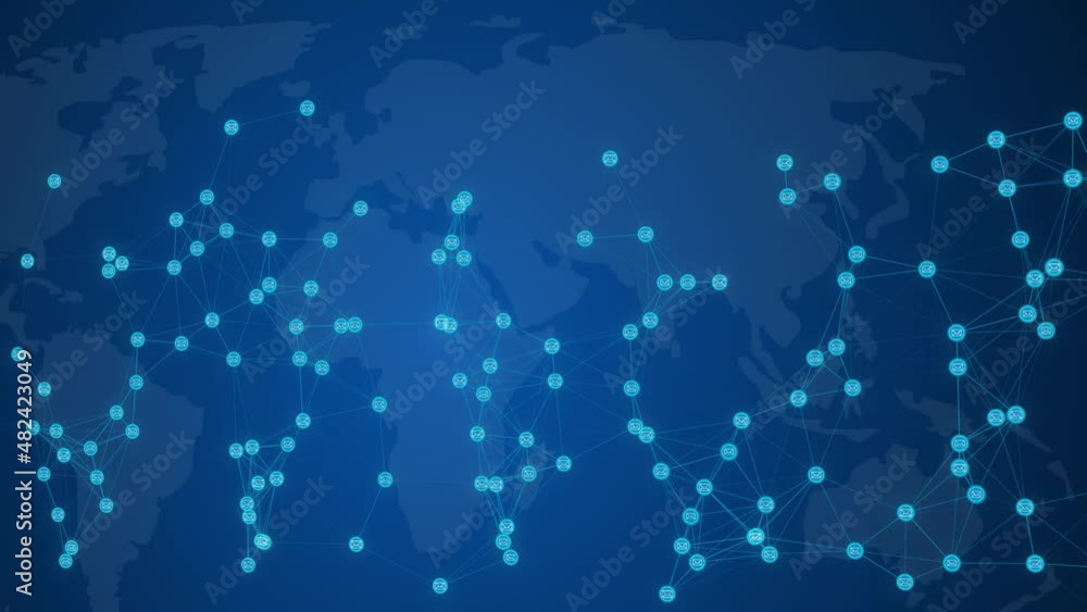 Poster the email connect on network.network of envelopes on the world map. all envelopes. e-mail in the wor