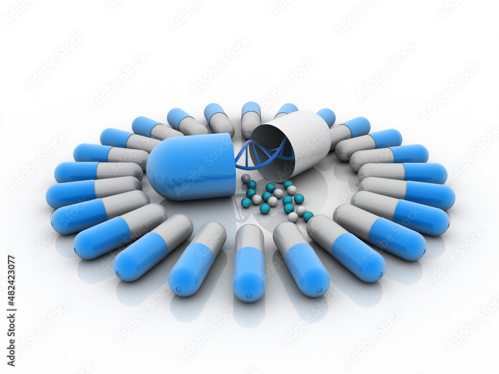Poster 3d render of dna structure with capsule