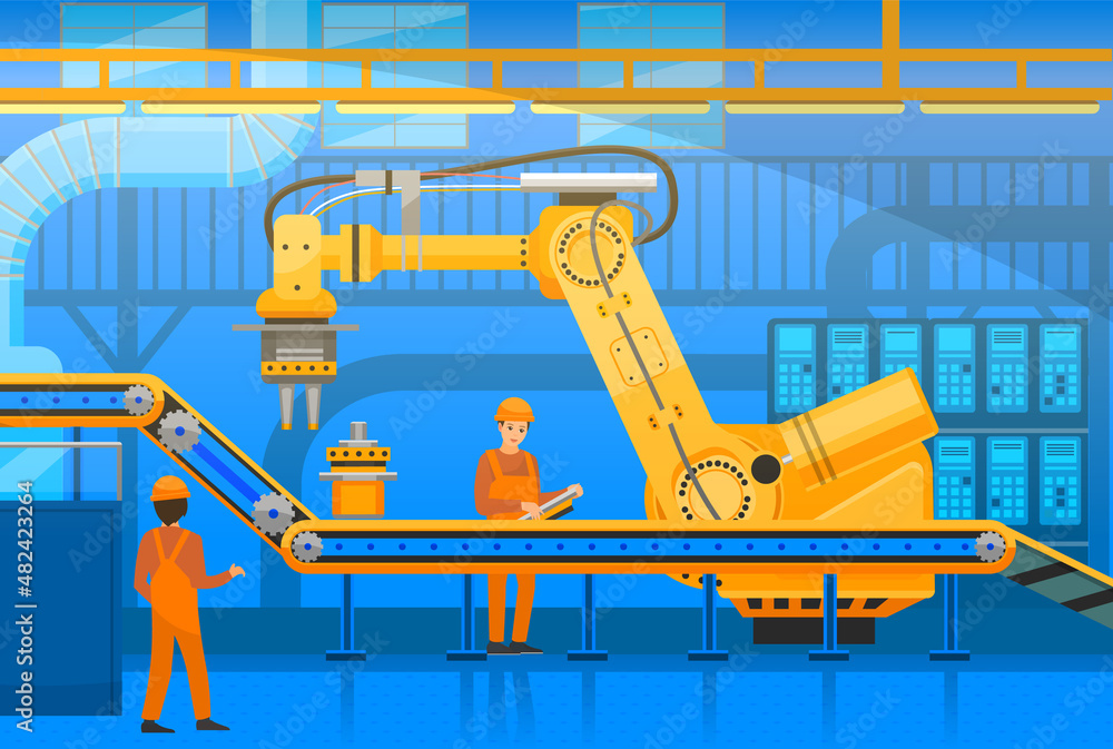 Aufkleber robotic arm raises goods and stacks them on conveyor. automated robotic production line for packagin