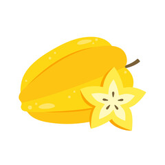 Carambola whole fruit and slice for package design. Yellow ripe starfruit icon isolated on white background. Organic food, healthy nutrition, vegetarian product. Vector illustration.
