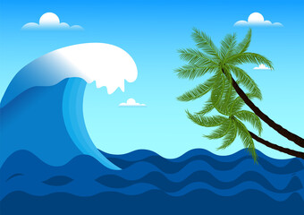Fototapeta na wymiar graphics design drawing ocean wave, coconut tree vector illustration