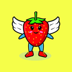 Cute cartoon strawberry character wearing wings in modern style design for t-shirt, sticker, logo element, poster