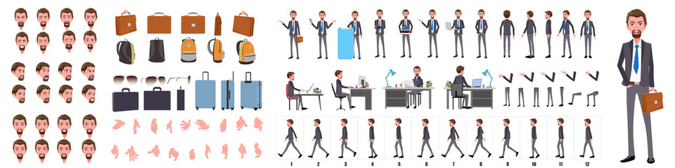 Business Man Character Design Model Sheet. Man Character design. Front, side, back view and explainer animation poses. Character set with lip sync and facial expressions of Happy, angry, sad, Joy with