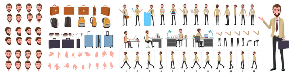 Business Man Character Design Model Sheet. Man Character design. Front, side, back view and explainer animation poses. Character set with lip sync and facial expressions of Happy, angry, sad, Joy with