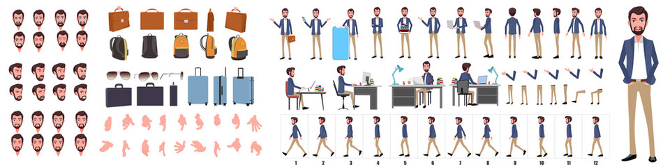 Fototapeta Business Man Character Design Model Sheet. Man Character design. Front, side, back view and explainer animation poses. Character set with lip sync and facial expressions of Happy, angry, sad, Joy with obraz
