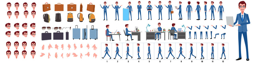 Fototapeta na wymiar Business Man Character Design Model Sheet. Man Character design. Front, side, back view and explainer animation poses. Character set with lip sync and facial expressions of Happy, angry, sad, Joy with