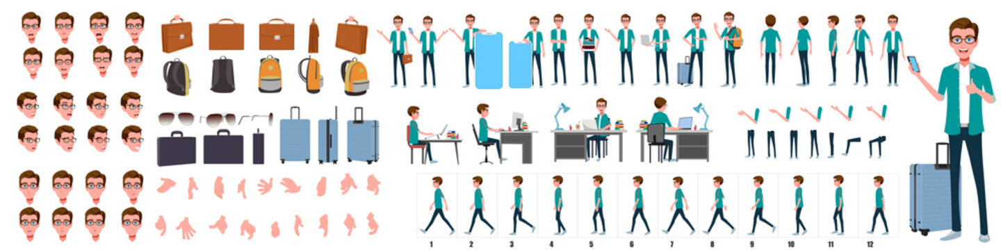 Business Man Character Design Model Sheet. Man Character Design. Front, Side, Back View And Explainer Animation Poses. Character Set With Lip Sync And Facial Expressions Of Happy, Angry, Sad, Joy With