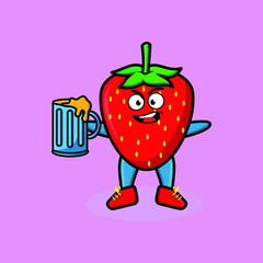 Strawberry cartoon mascot character with beer glass and cute stylish design for t-shirt, sticker, logo elements