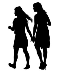 Beauty young girl in dress walking down street. Isolated silhouette on white background