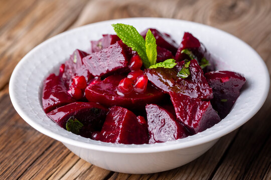 Traditional Turkish appetizers; Red beet salad (Turkish name; Pancar salatasi mezesi)