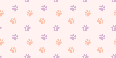 Vector illustration of animal paw print on pastel color background. Flat style design of seamless pattern with cat paw