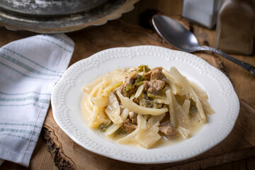 Traditional Turkish cuisine; lamb in a wild herb meal, Kenger (Cnicus benedictus) meal (Turkish name; Kuzu etli, Sevketi Bostan or Sevketibostan yemegi)