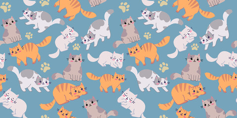 Vector seamless pattern with happy cute cat character in different pose on blue color background. Flat line art style design of seamless pattern with many animal cat