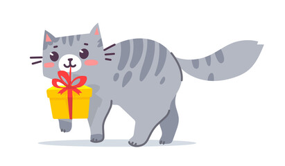 Vector cute illustration of happy gray striped cat carry gift box on white color background. Flat style design of animal cat character with present