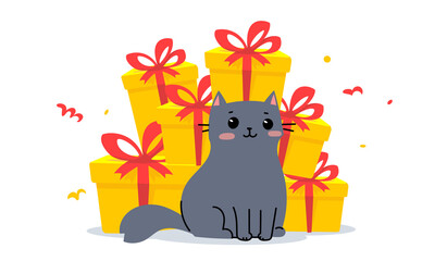 Vector cute illustration of happy gray cat and pile of gift box on white color background. Flat style design of animal cat character with present