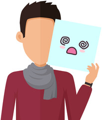 Man holding picture of confused face emoji. Manga style weird eyes and mouths. Funny japanese facial expression. Eastern kawaii anime culture elements. Male character shows cute kawaii emotion