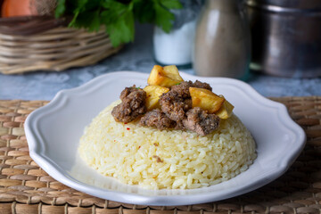 Turkish Meat ciger with rice - pilav Albanian Liver with Rice Pilav or Pilaf at Local Restaurant