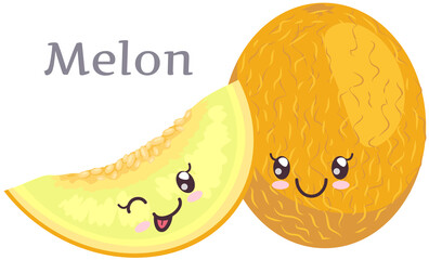 Melon sticker kawaii icon vector design. Adorable charming tropical fruit with positive emotion, japanese culture symbol anime. Sweet melon with smiling face. Facial expression in cute oriental style