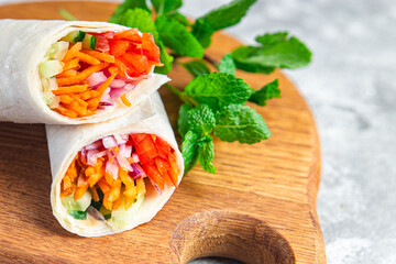 shawarma vegetable doner kebab burrito filling burrito veggie pita vegetarian bread vegetables dish on the table healthy meal snack copy space food background top view veganism food