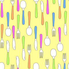 seamless pattern knife fork and spoon drawn in doodle style pink cyan orange and light green on a yellow background