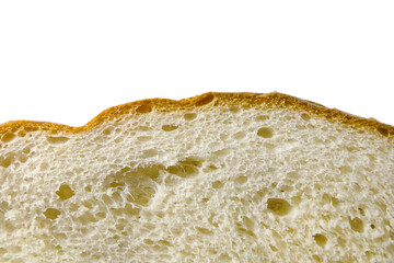 Close up of slice of freshly baked wheat bread on white background. Abstract food background with texture of bread.