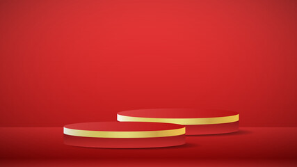 Red and Gold Podium minimal abstract background , 3D stage podium display product , stand to show cosmetic products ,illustration 3d Vector EPS 10
